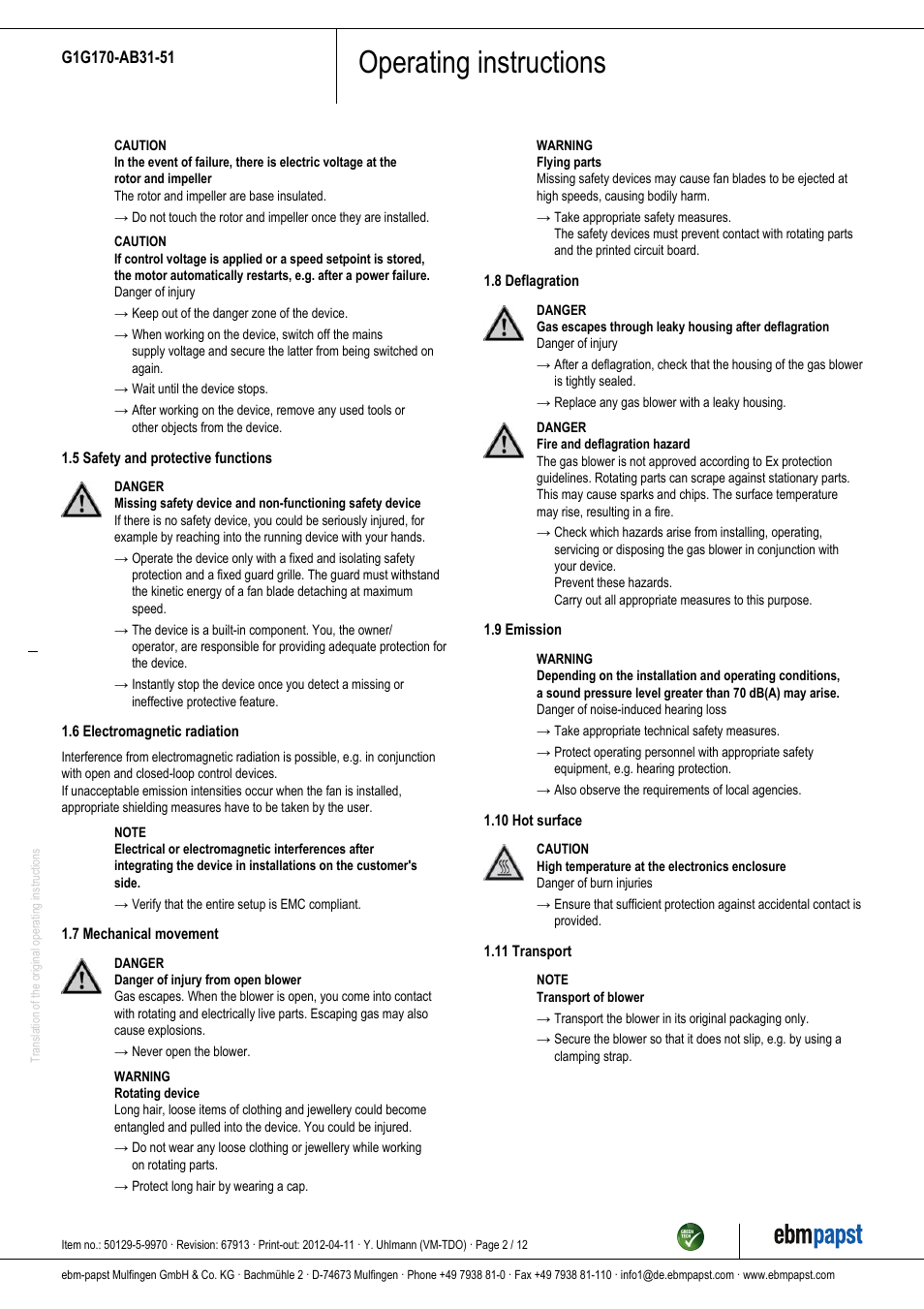 Operating instructions | ebm-papst G1G170-AB31-51 User Manual | Page 2 / 12