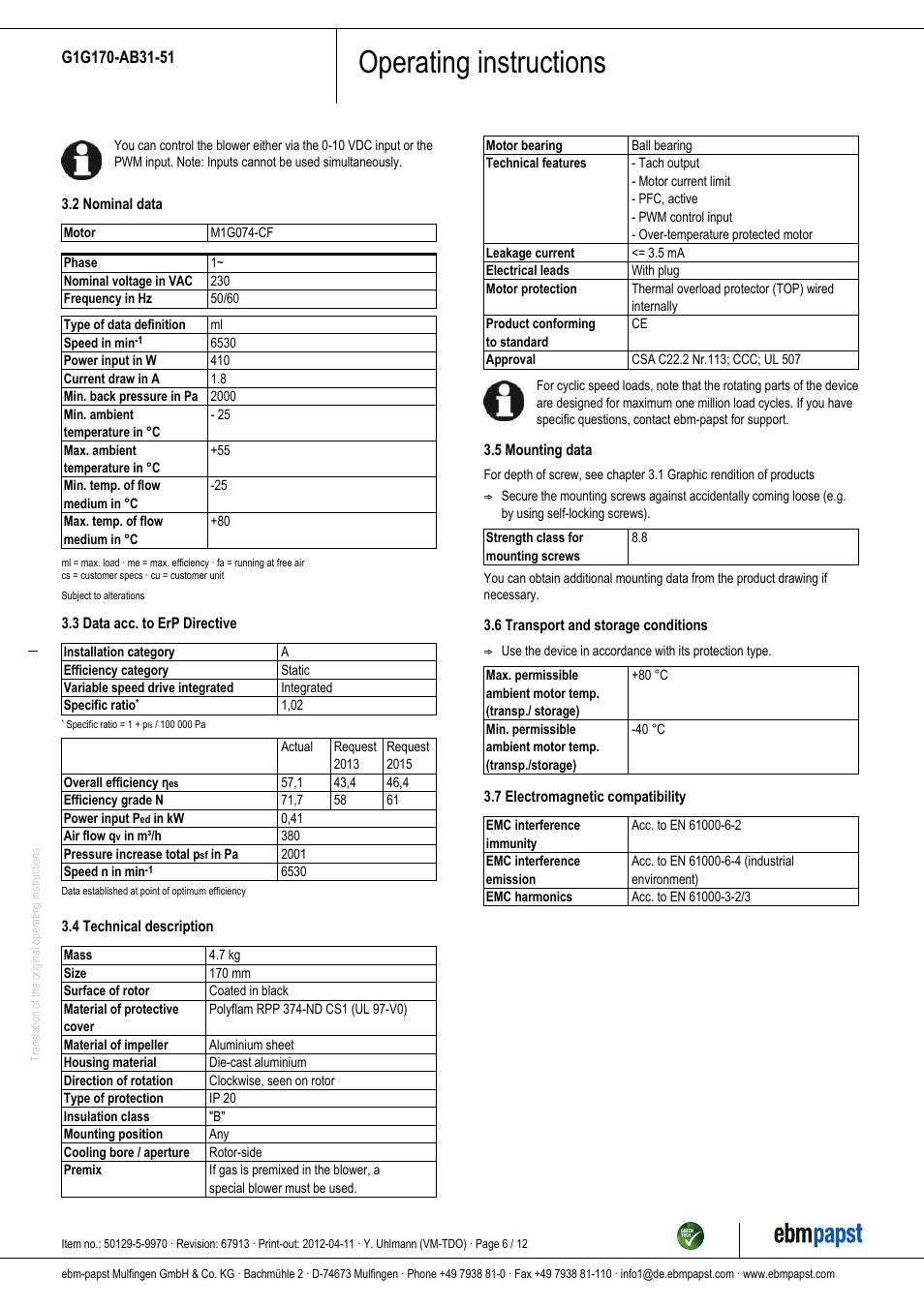 Operating instructions | ebm-papst G1G170-AB31-51 User Manual | Page 6 / 12