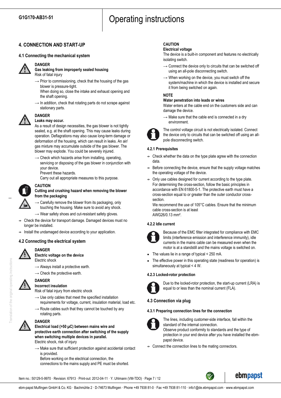 Operating instructions | ebm-papst G1G170-AB31-51 User Manual | Page 7 / 12