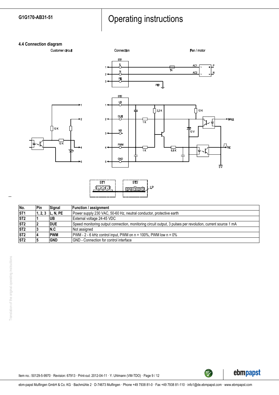 Operating instructions | ebm-papst G1G170-AB31-51 User Manual | Page 9 / 12