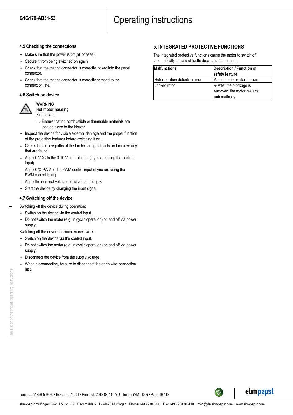 Operating instructions | ebm-papst G1G170-AB31-53 User Manual | Page 10 / 12