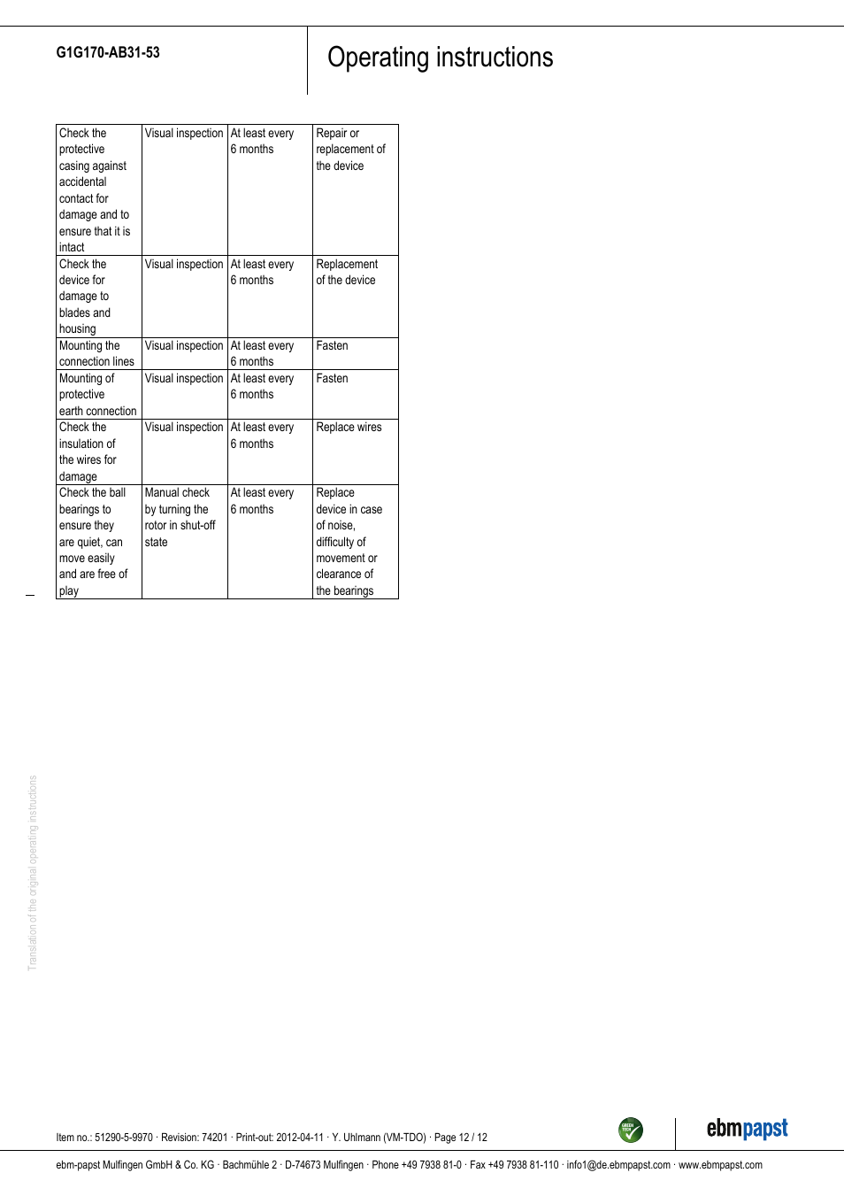 Operating instructions | ebm-papst G1G170-AB31-53 User Manual | Page 12 / 12