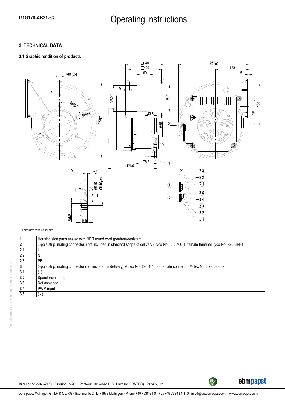 Operating instructions | ebm-papst G1G170-AB31-53 User Manual | Page 5 / 12