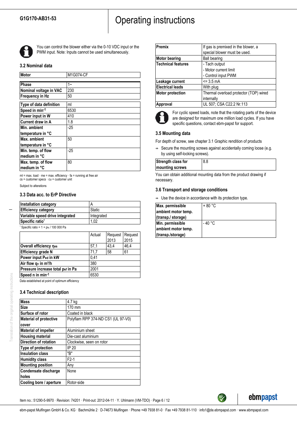 Operating instructions | ebm-papst G1G170-AB31-53 User Manual | Page 6 / 12
