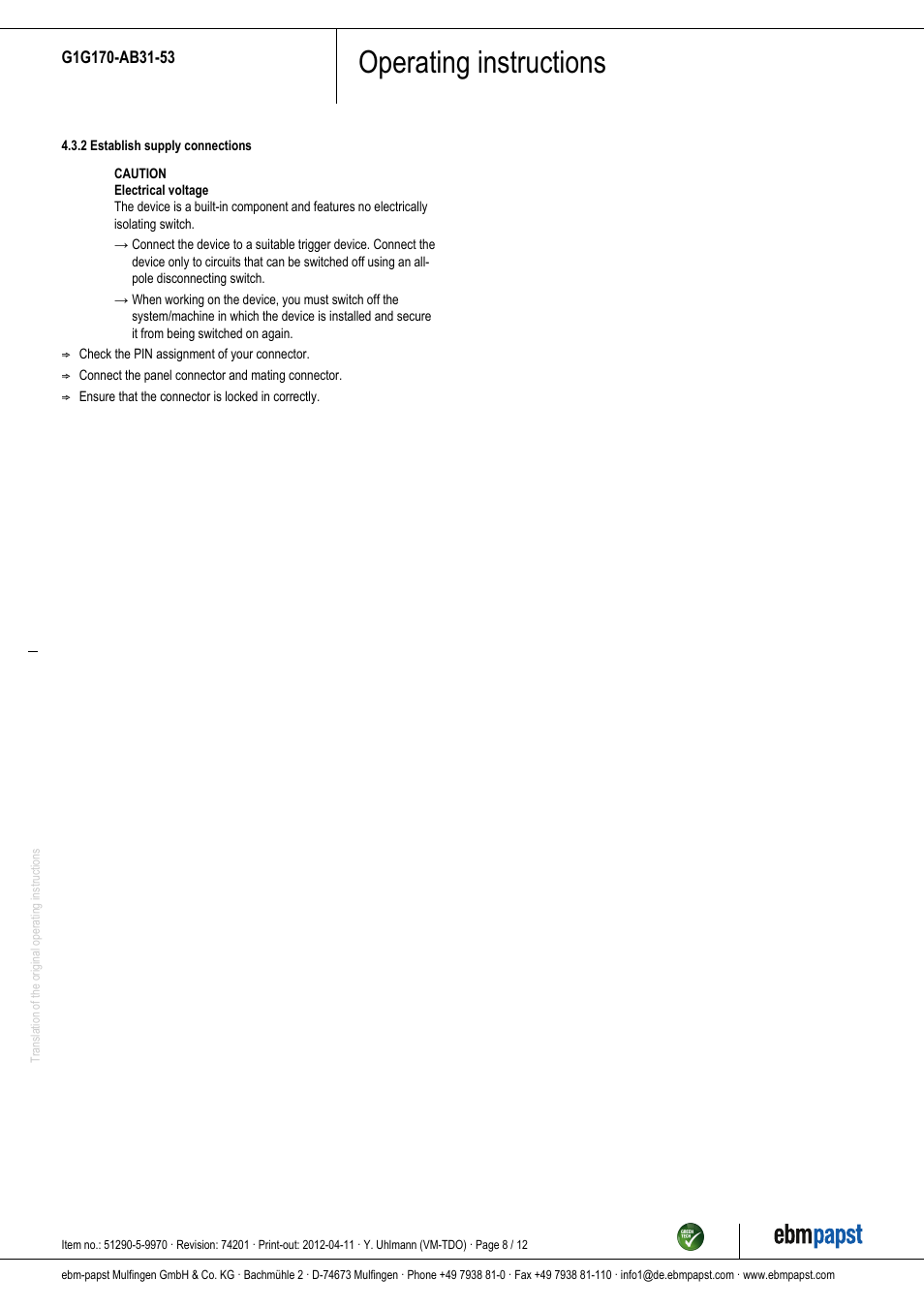 Operating instructions | ebm-papst G1G170-AB31-53 User Manual | Page 8 / 12