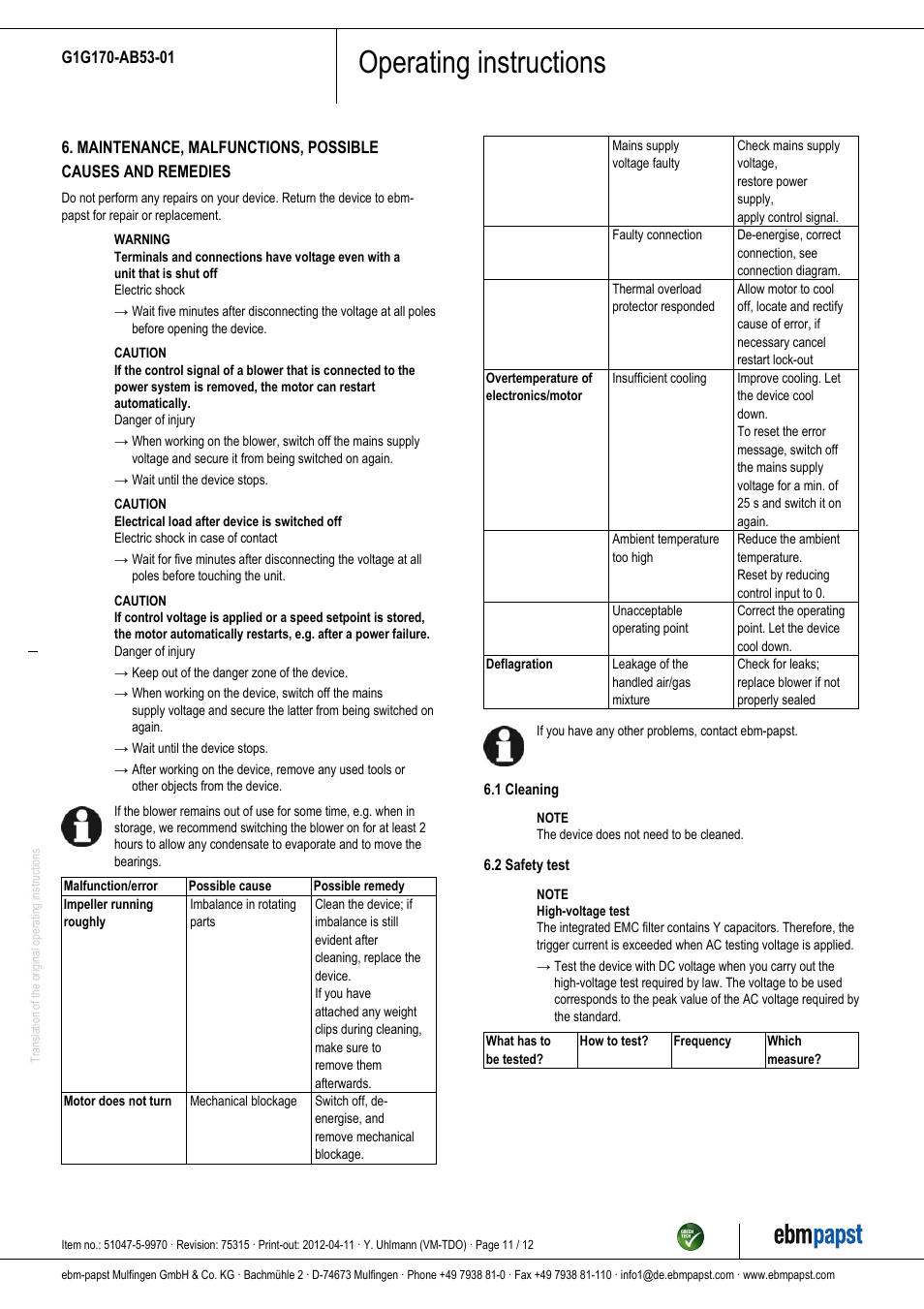 Operating instructions | ebm-papst G1G170-AB53-01 User Manual | Page 11 / 12
