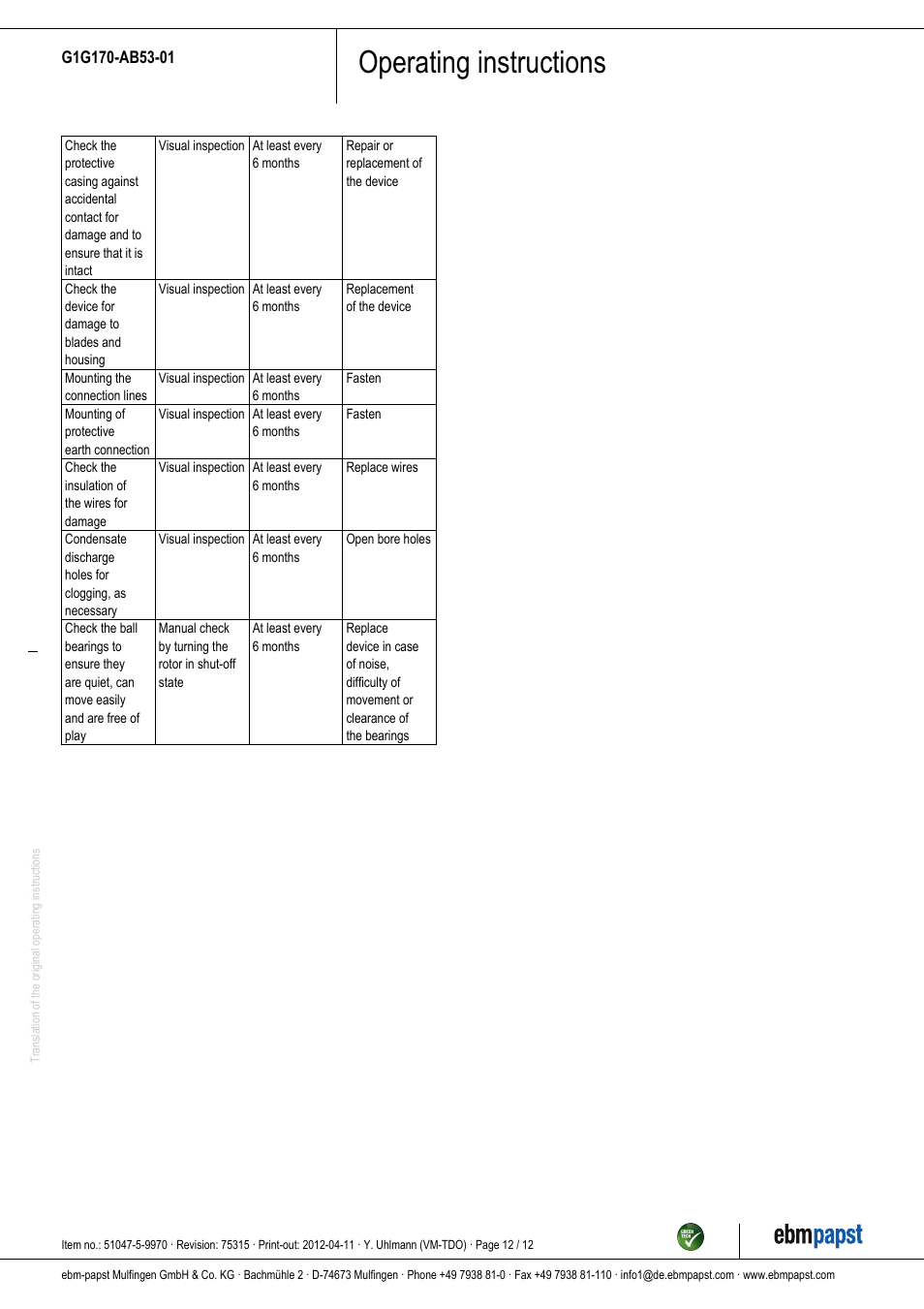 Operating instructions | ebm-papst G1G170-AB53-01 User Manual | Page 12 / 12