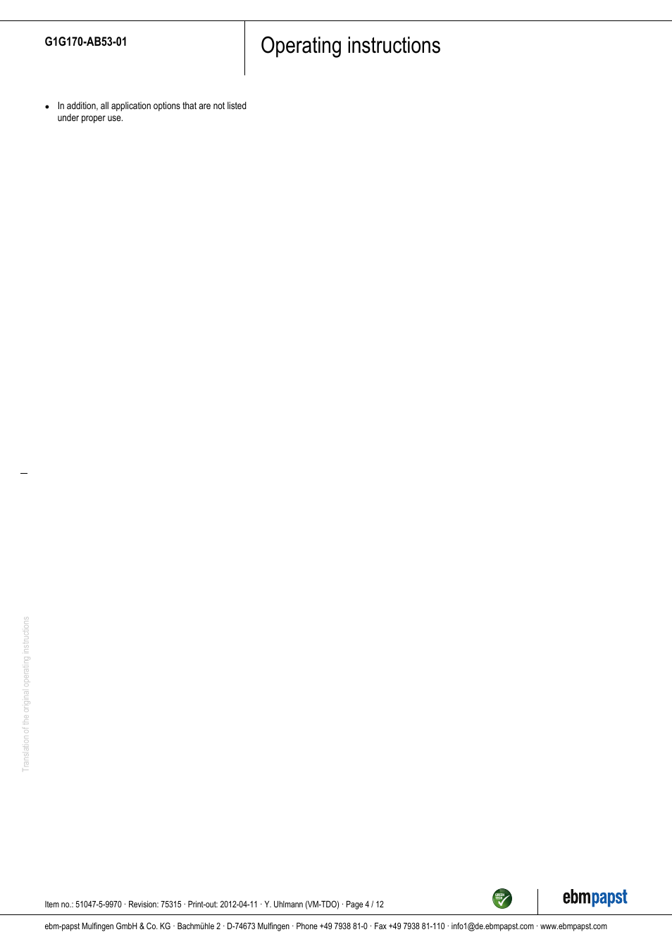 Operating instructions | ebm-papst G1G170-AB53-01 User Manual | Page 4 / 12