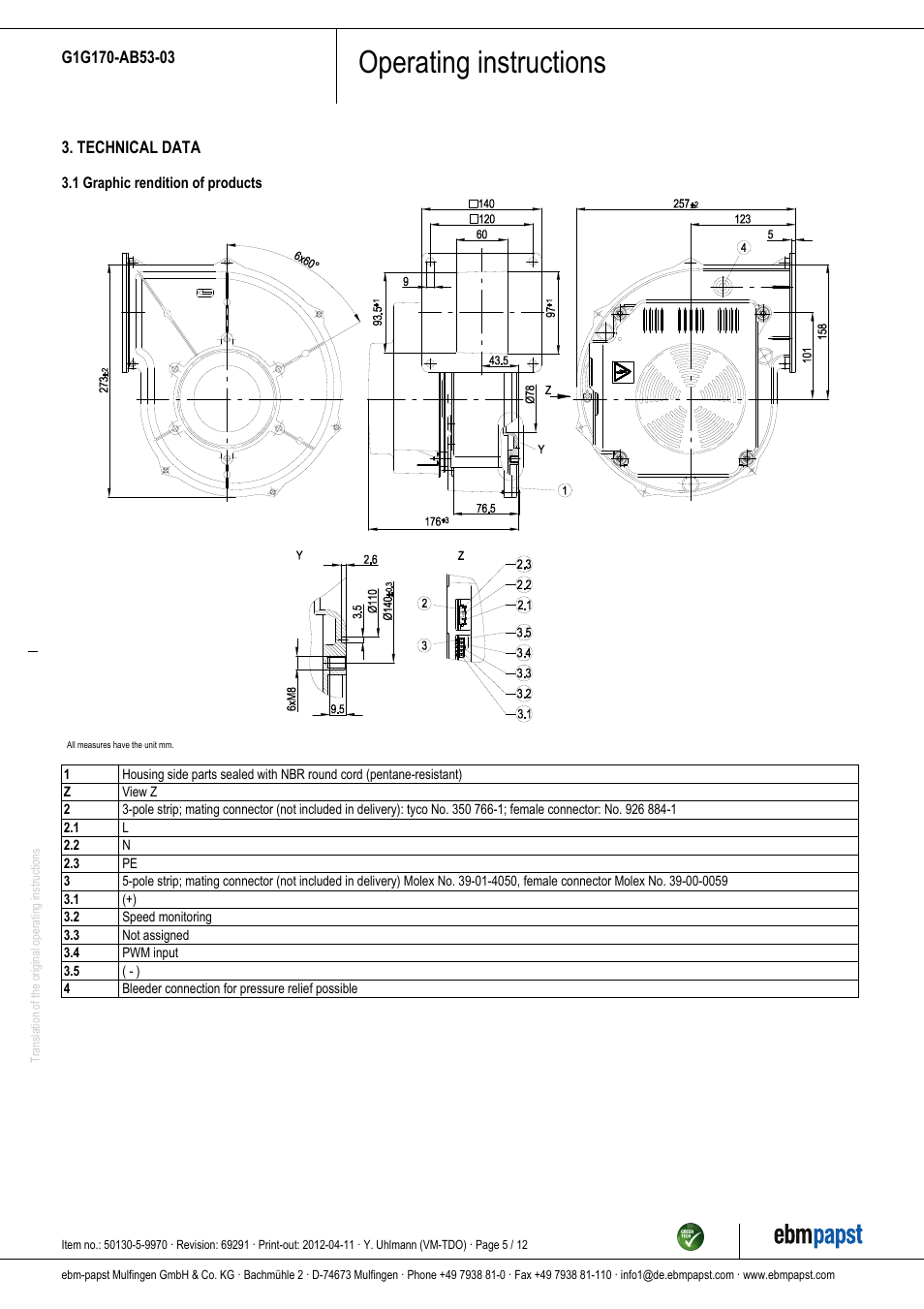 Operating instructions | ebm-papst G1G170-AB53-03 User Manual | Page 5 / 12