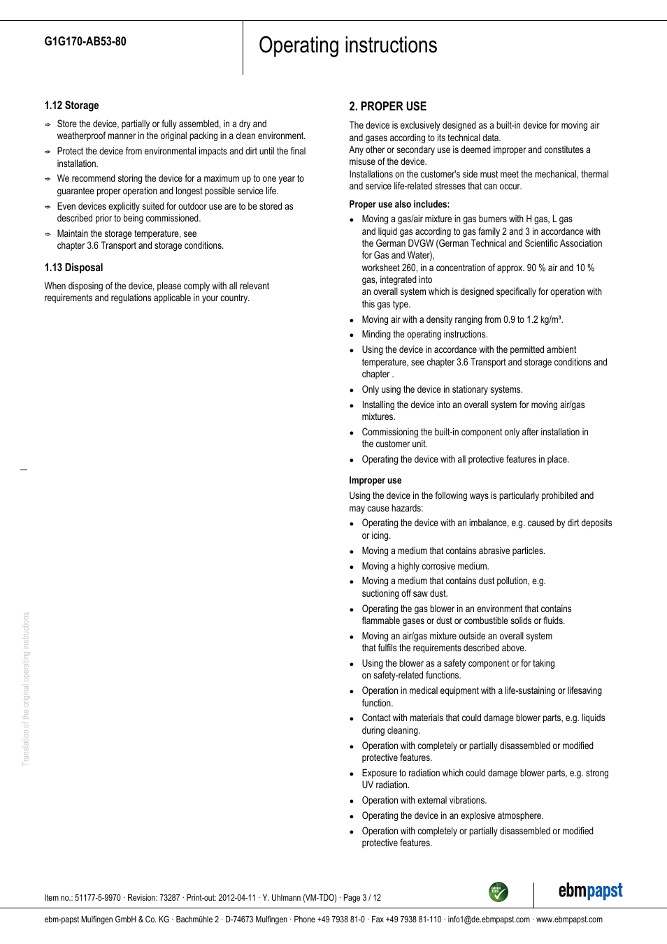 Operating instructions, Proper use | ebm-papst G1G170-AB53-80 User Manual | Page 3 / 12