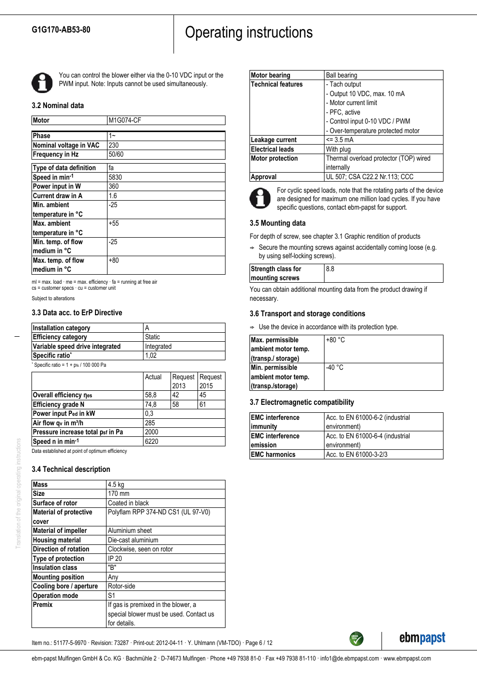 Operating instructions | ebm-papst G1G170-AB53-80 User Manual | Page 6 / 12