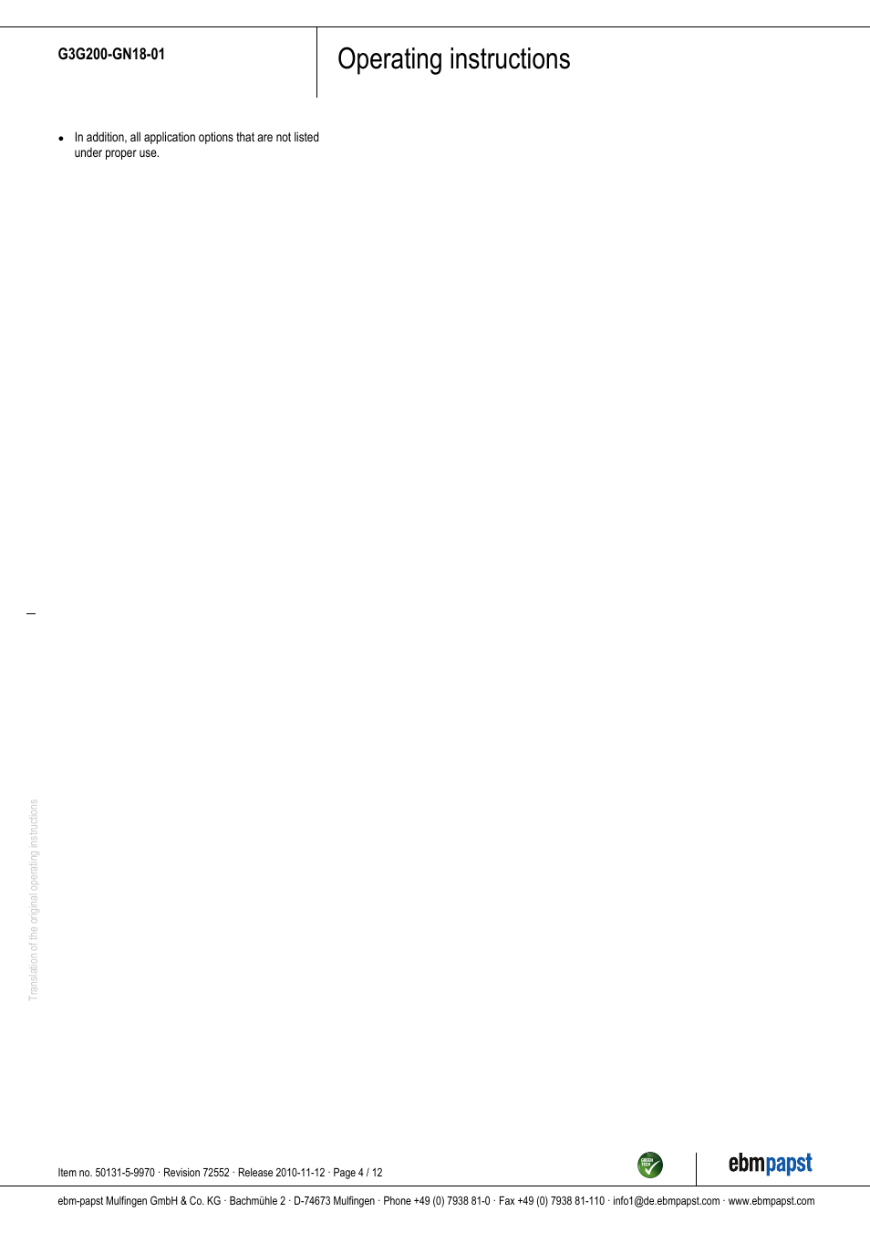 Operating instructions | ebm-papst G3G200-GN18-01 User Manual | Page 4 / 12