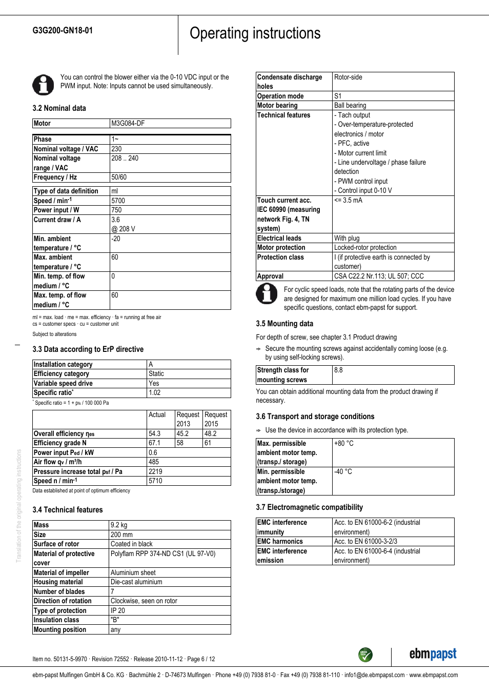 Operating instructions | ebm-papst G3G200-GN18-01 User Manual | Page 6 / 12