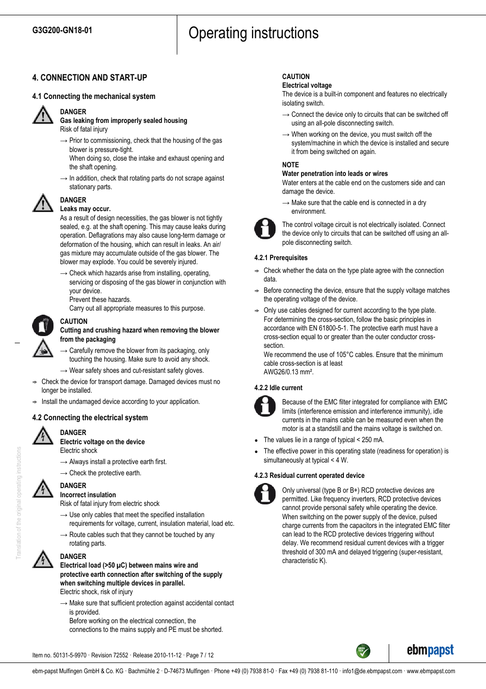 Operating instructions | ebm-papst G3G200-GN18-01 User Manual | Page 7 / 12