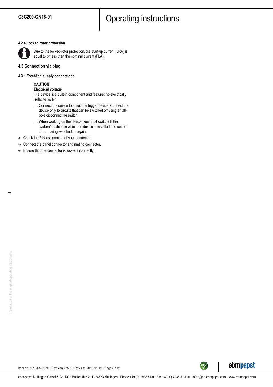 Operating instructions | ebm-papst G3G200-GN18-01 User Manual | Page 8 / 12