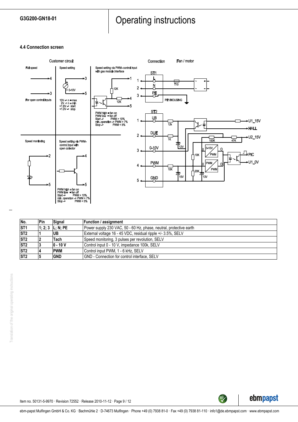 Operating instructions | ebm-papst G3G200-GN18-01 User Manual | Page 9 / 12