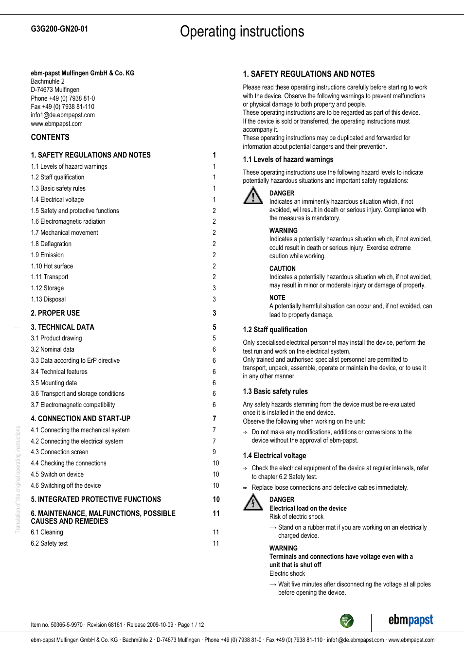 ebm-papst G3G200-GN20-01 User Manual | 12 pages
