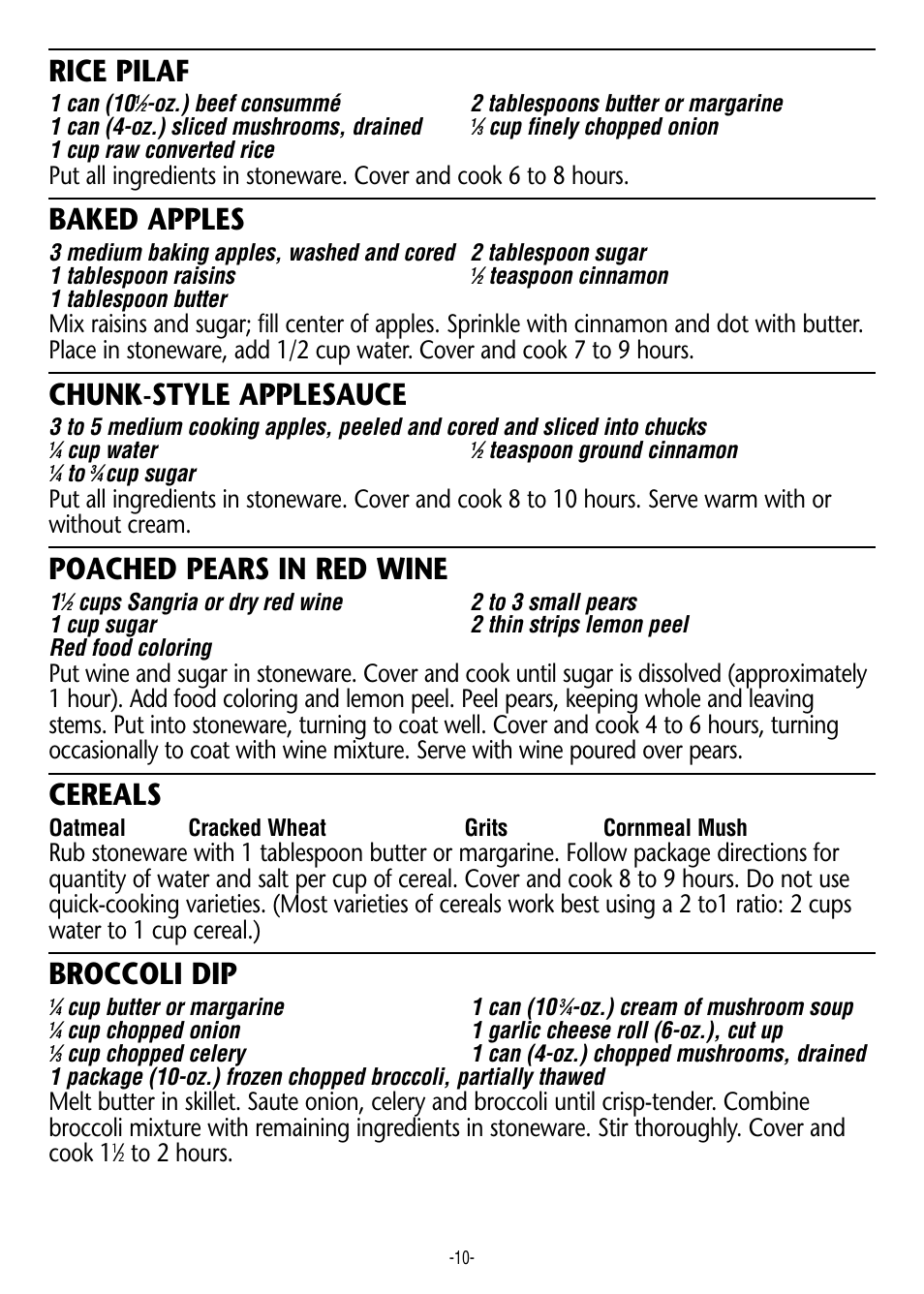 Rice pilaf, Baked apples, Chunk-style applesauce | Poached pears in red wine, Cereals, Broccoli dip | Crock-Pot 3200 User Manual | Page 10 / 12