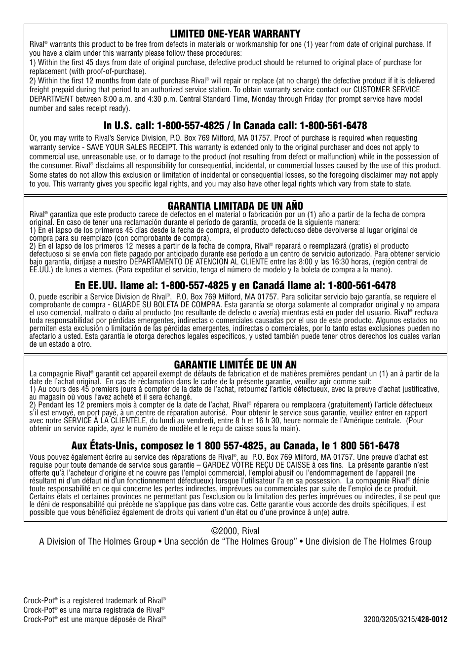 Limited one-year warranty, Garantie limitée de un an, Garantia limitada de un año | Crock-Pot 3200 User Manual | Page 12 / 12