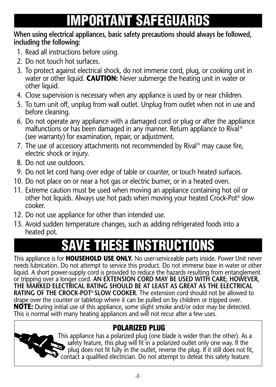 Important safeguards, Save these instructions | Crock-Pot 3200 User Manual | Page 2 / 12