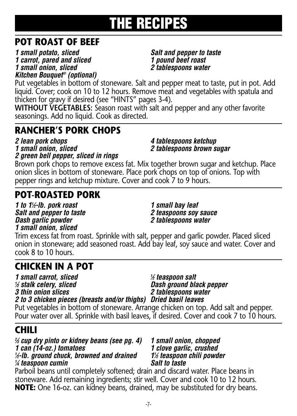 The recipes, Pot roast of beef, Rancher’s pork chops | Pot-roasted pork, Chicken in a pot, Chili | Crock-Pot 3200 User Manual | Page 7 / 12