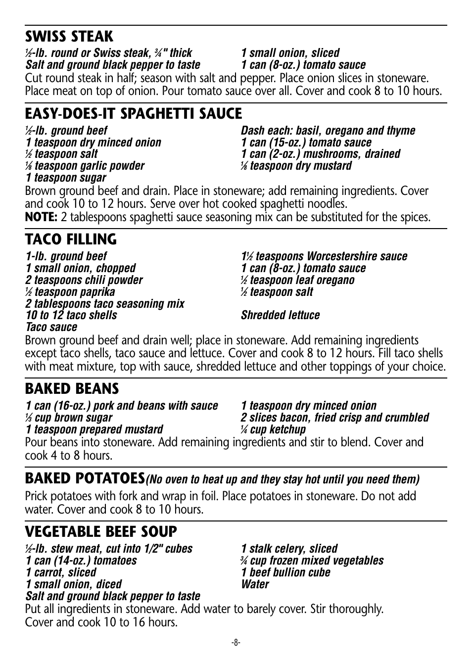 Swiss steak, Easy-does-it spaghetti sauce, Taco filling | Baked beans, Baked potatoes, Vegetable beef soup | Crock-Pot 3200 User Manual | Page 8 / 12
