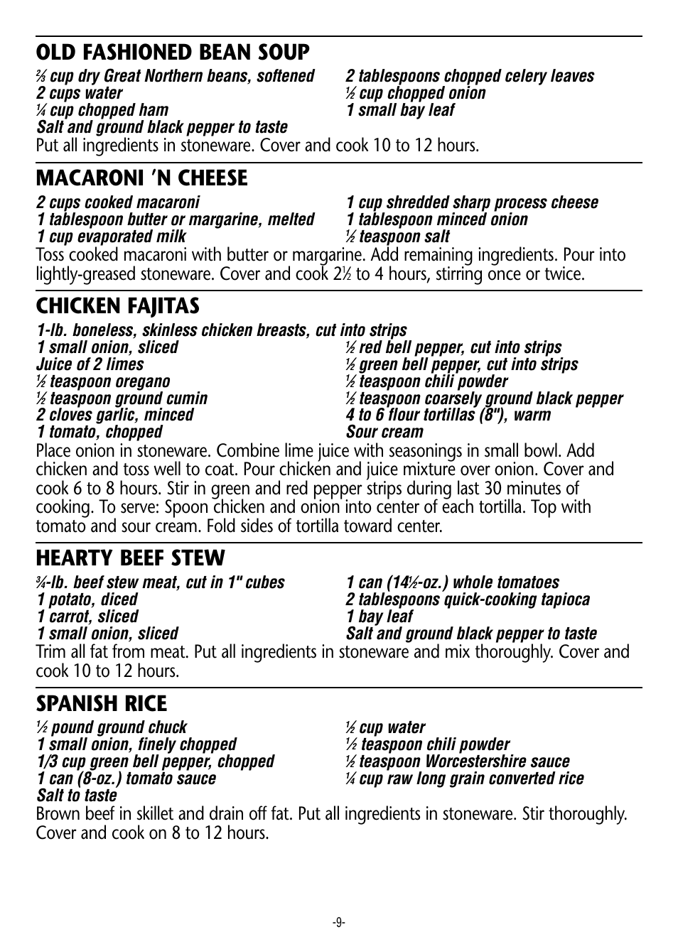 Old fashioned bean soup, Macaroni ’n cheese, Chicken fajitas | Hearty beef stew, Spanish rice | Crock-Pot 3200 User Manual | Page 9 / 12