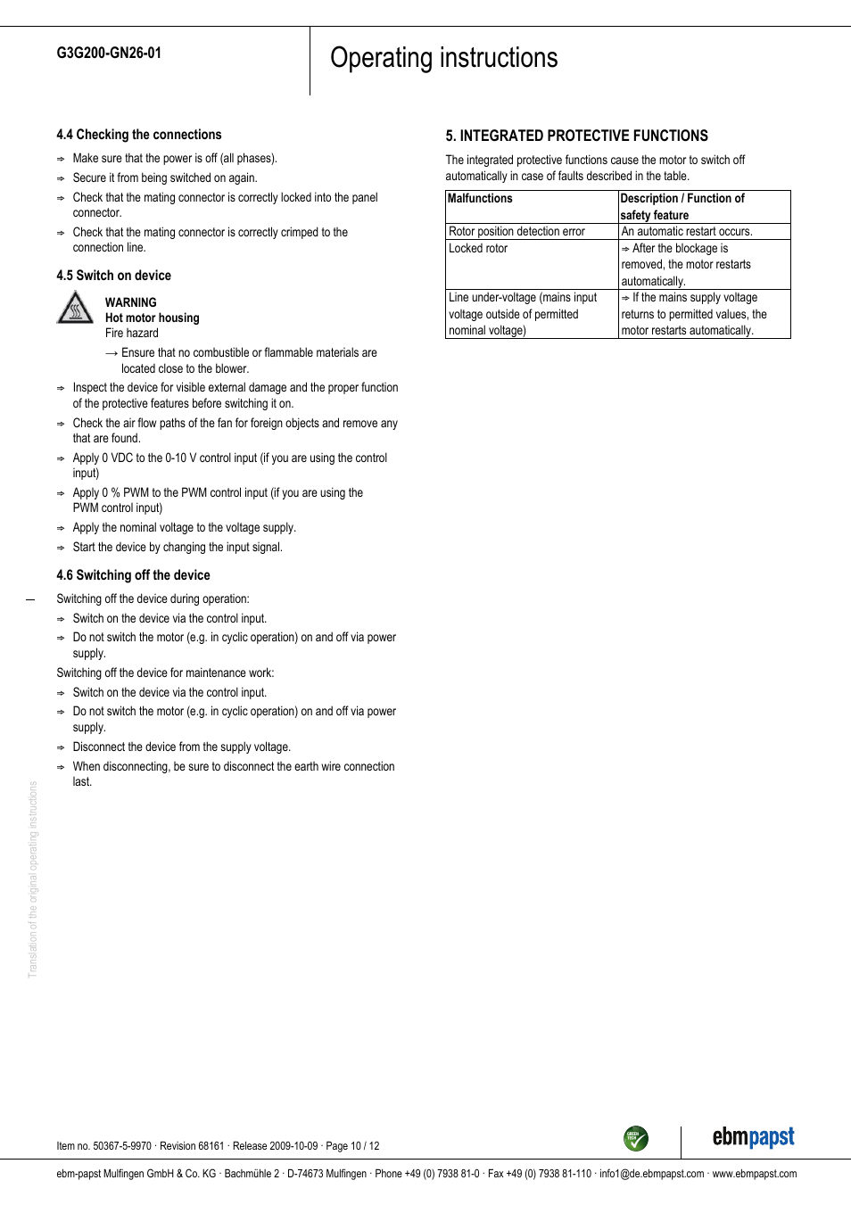 Operating instructions | ebm-papst G3G200-GN26-01 User Manual | Page 10 / 12