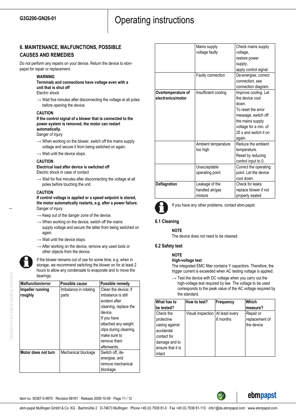 Operating instructions | ebm-papst G3G200-GN26-01 User Manual | Page 11 / 12