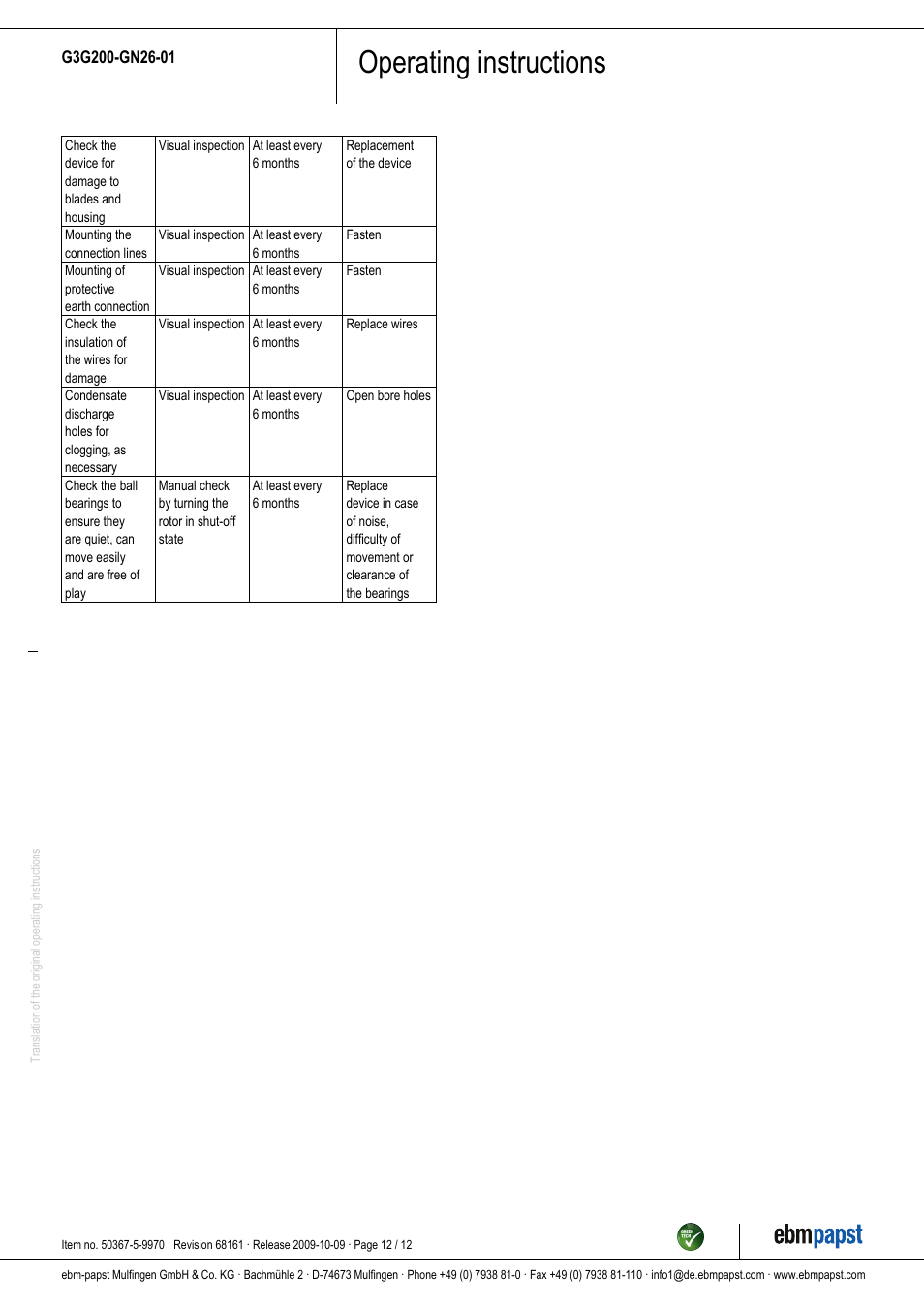 Operating instructions | ebm-papst G3G200-GN26-01 User Manual | Page 12 / 12