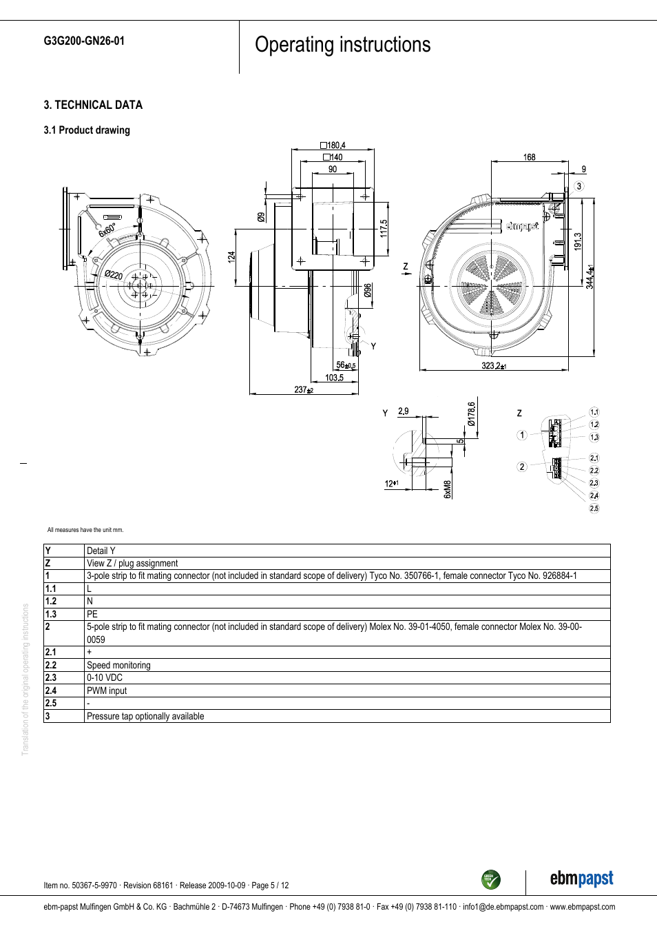 Operating instructions | ebm-papst G3G200-GN26-01 User Manual | Page 5 / 12