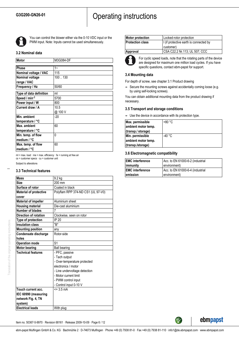 Operating instructions | ebm-papst G3G200-GN26-01 User Manual | Page 6 / 12