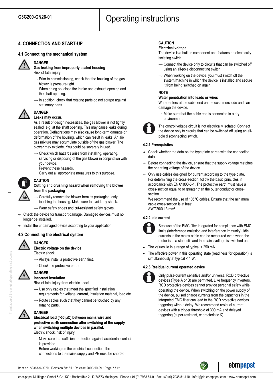 Operating instructions | ebm-papst G3G200-GN26-01 User Manual | Page 7 / 12