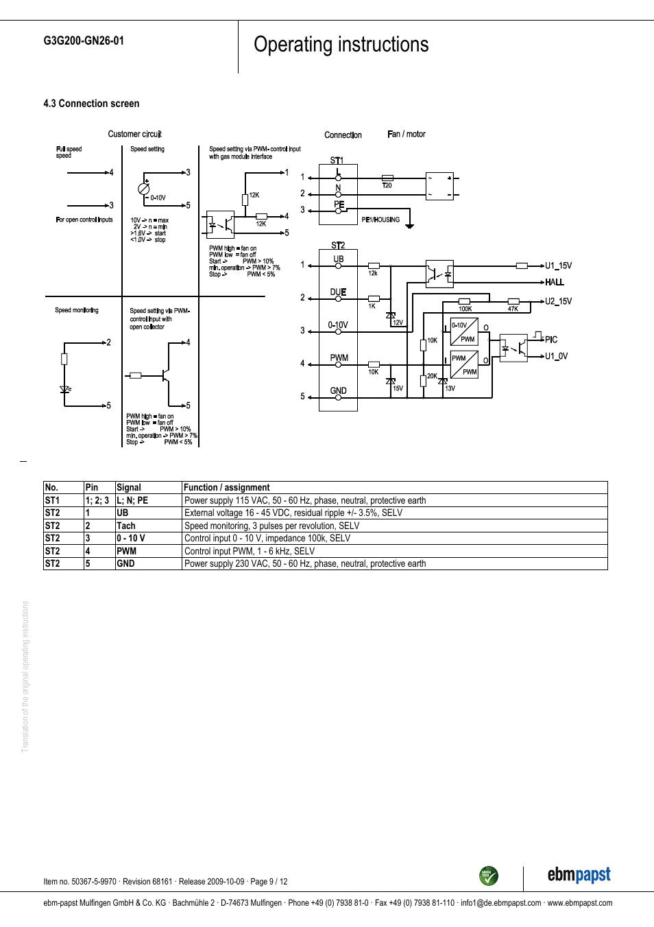 Operating instructions | ebm-papst G3G200-GN26-01 User Manual | Page 9 / 12