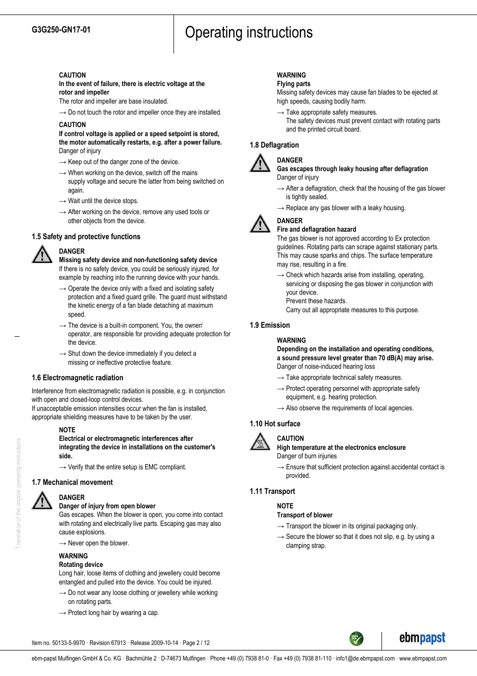 Operating instructions | ebm-papst G3G250-GN17-01 User Manual | Page 2 / 12