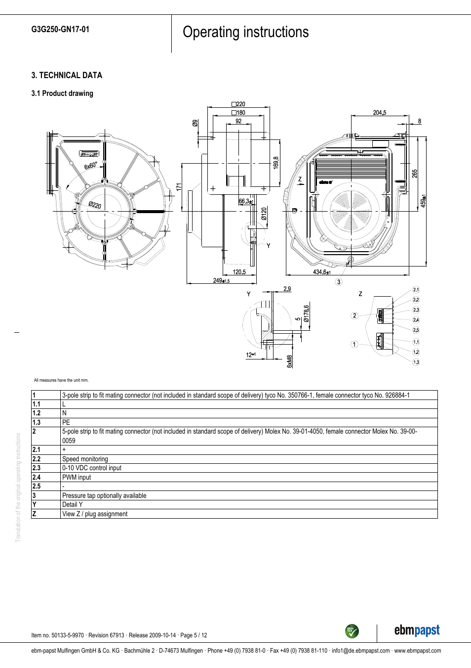 Operating instructions | ebm-papst G3G250-GN17-01 User Manual | Page 5 / 12