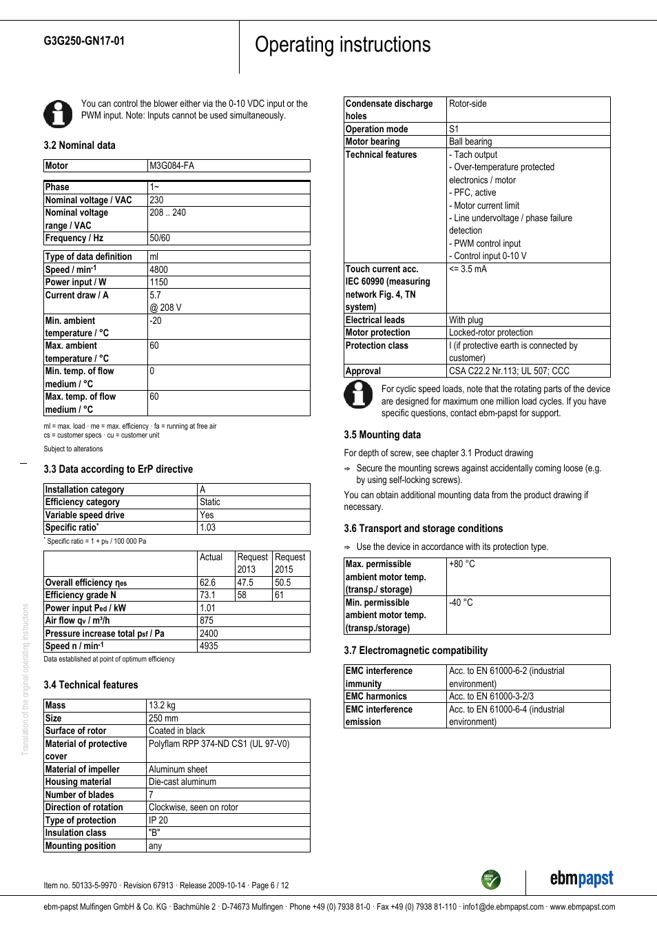 Operating instructions | ebm-papst G3G250-GN17-01 User Manual | Page 6 / 12