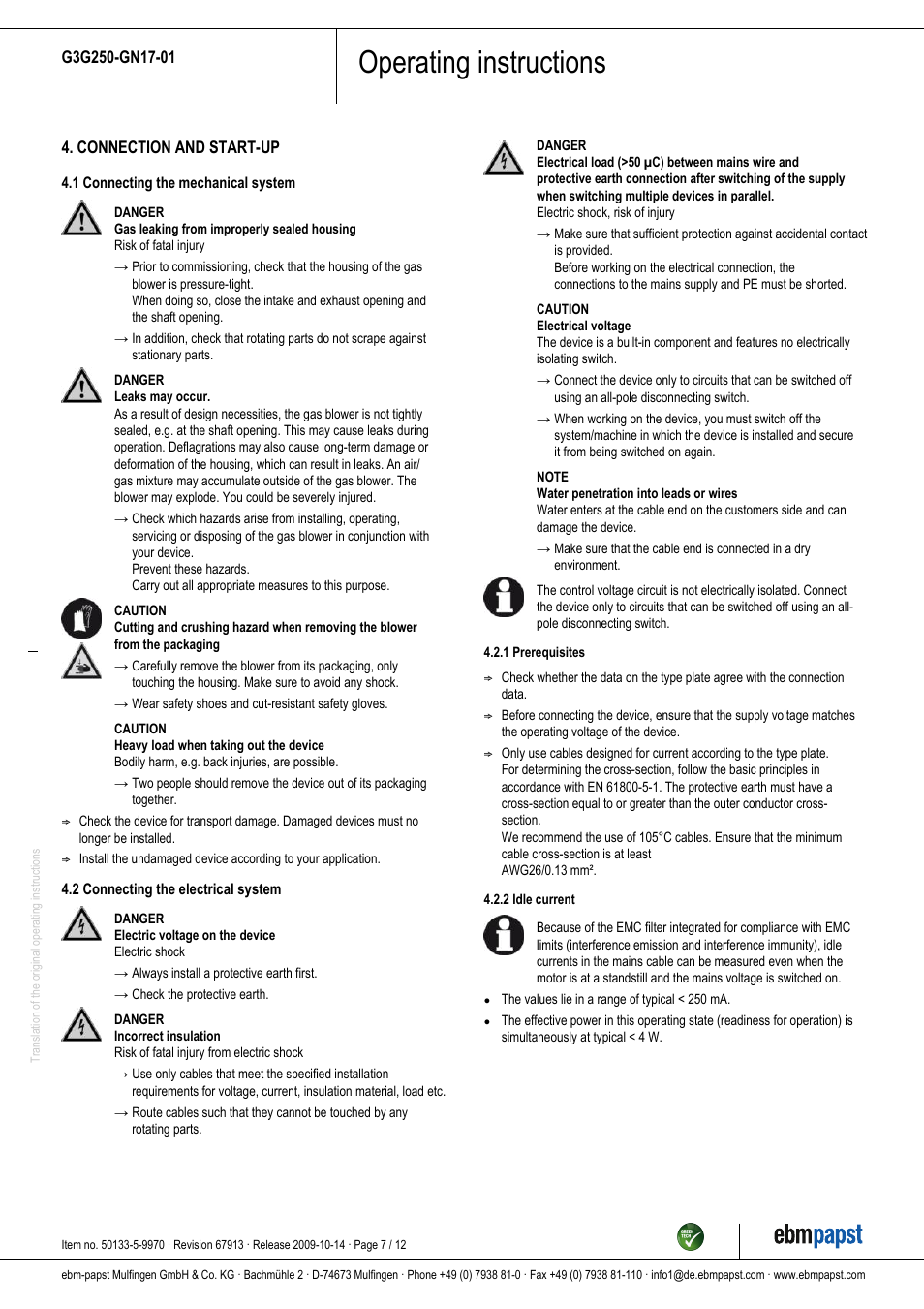 Operating instructions | ebm-papst G3G250-GN17-01 User Manual | Page 7 / 12