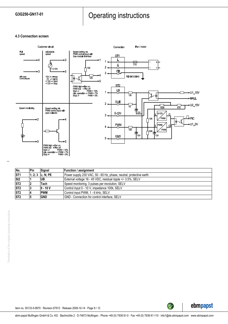 Operating instructions | ebm-papst G3G250-GN17-01 User Manual | Page 9 / 12