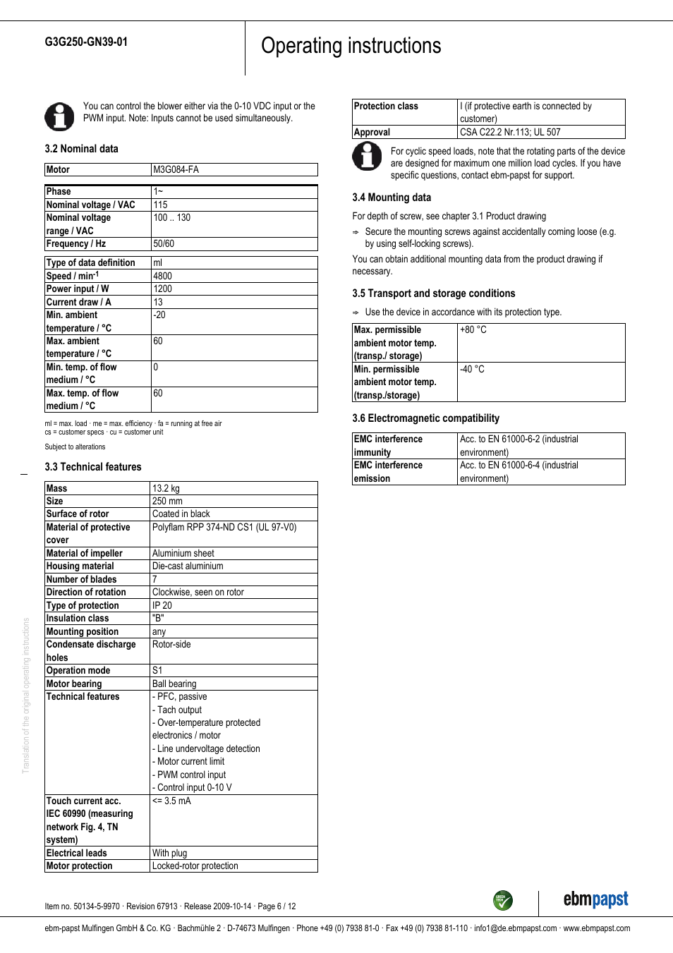Operating instructions | ebm-papst G3G250-GN39-01 User Manual | Page 6 / 12
