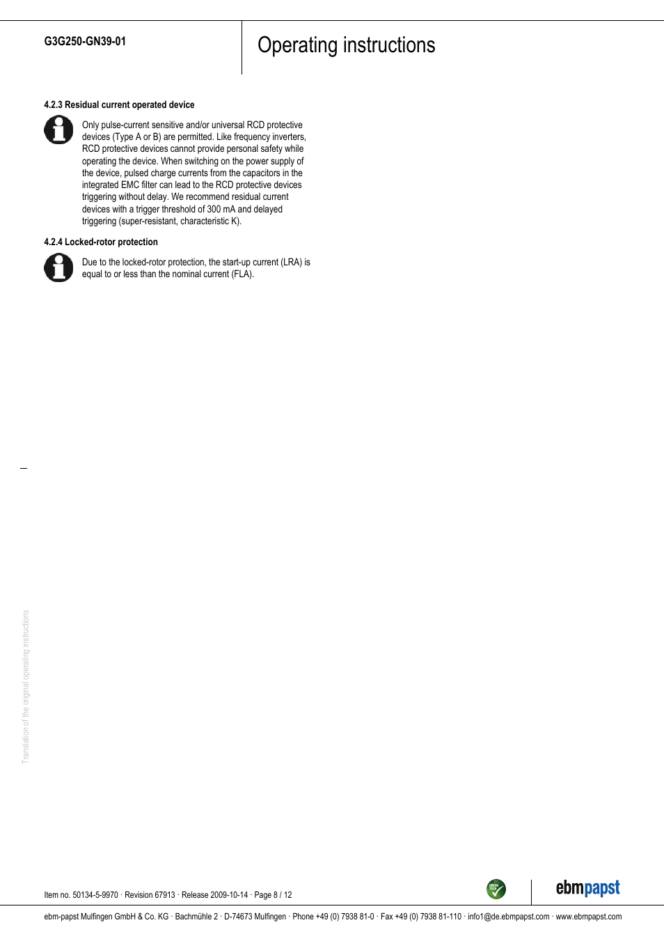 Operating instructions | ebm-papst G3G250-GN39-01 User Manual | Page 8 / 12