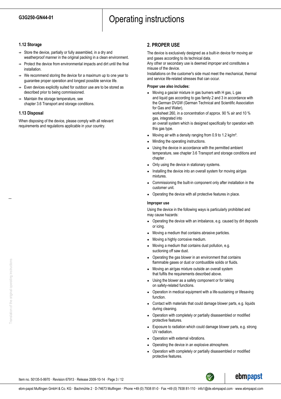 Operating instructions, Proper use | ebm-papst G3G250-GN44-01 User Manual | Page 3 / 12
