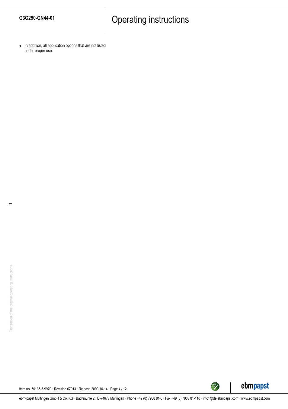Operating instructions | ebm-papst G3G250-GN44-01 User Manual | Page 4 / 12
