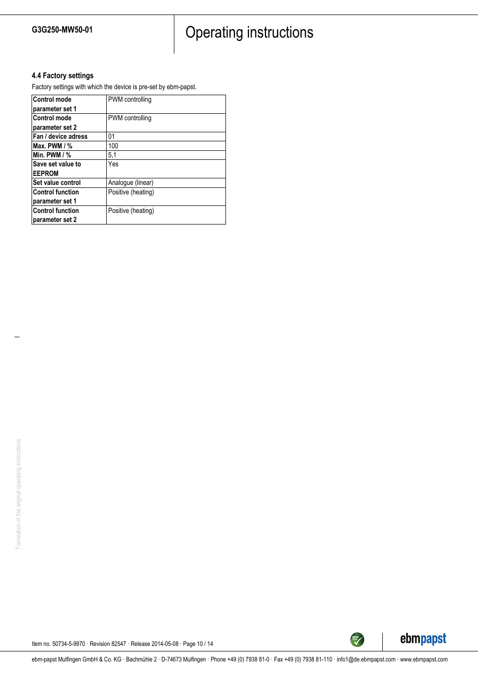 Operating instructions | ebm-papst G3G250-MW50-01 User Manual | Page 10 / 14