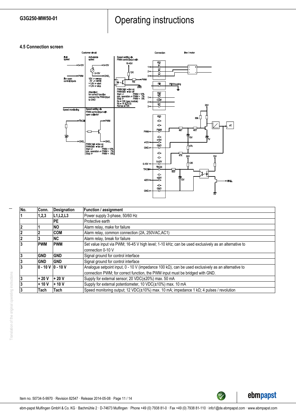Operating instructions | ebm-papst G3G250-MW50-01 User Manual | Page 11 / 14