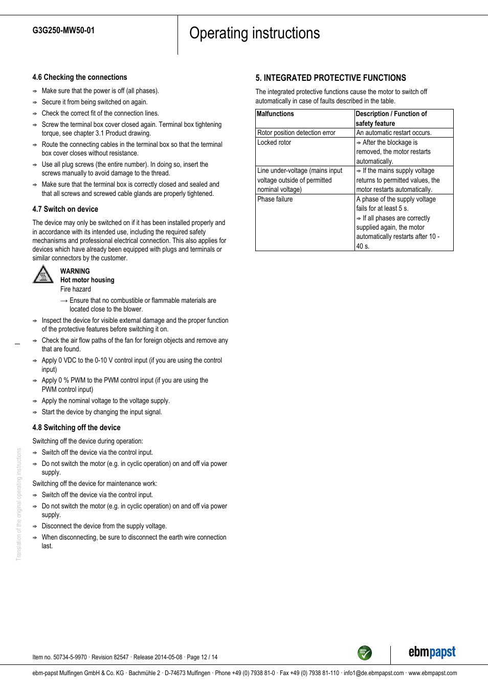 Operating instructions | ebm-papst G3G250-MW50-01 User Manual | Page 12 / 14