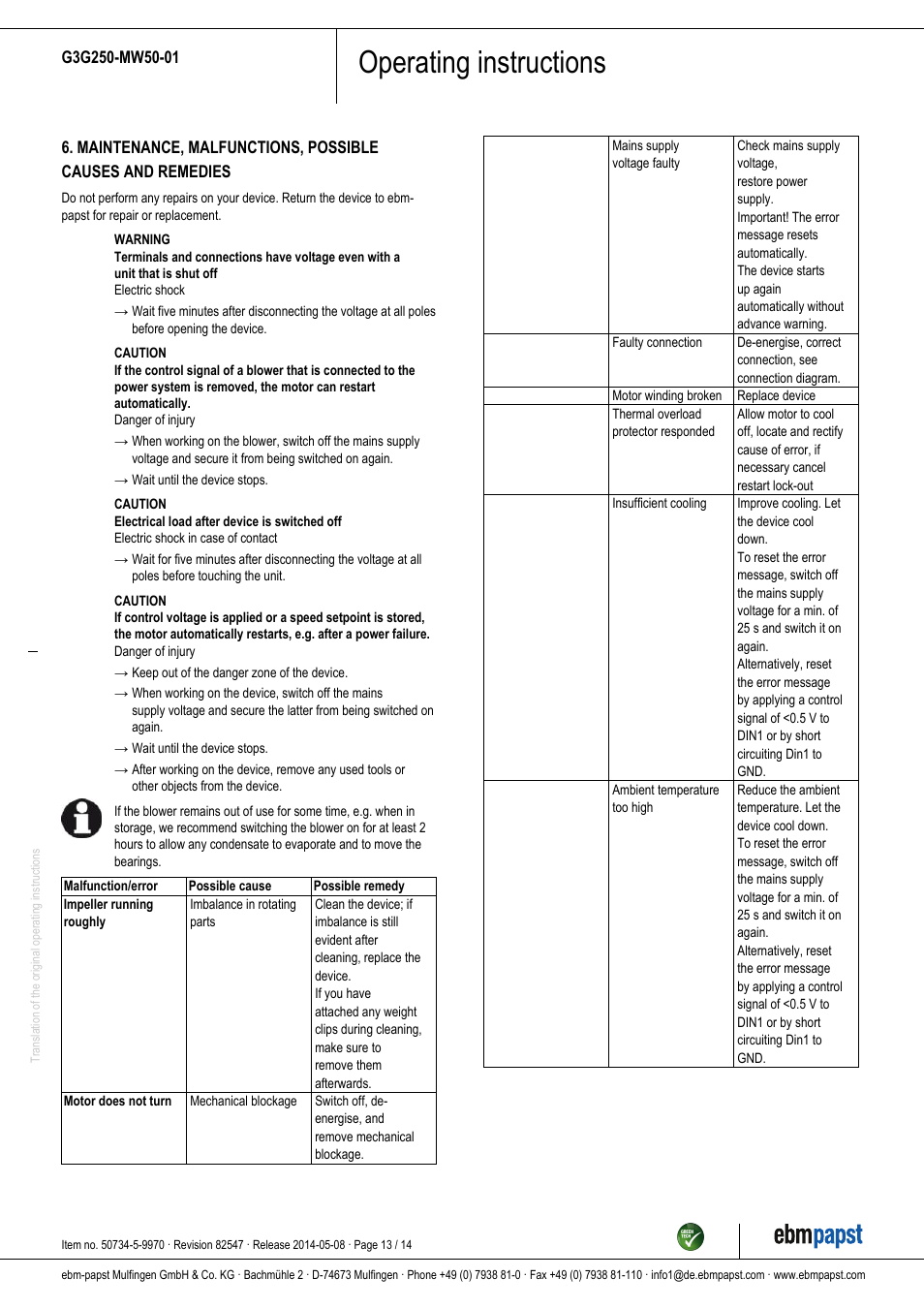 Operating instructions | ebm-papst G3G250-MW50-01 User Manual | Page 13 / 14