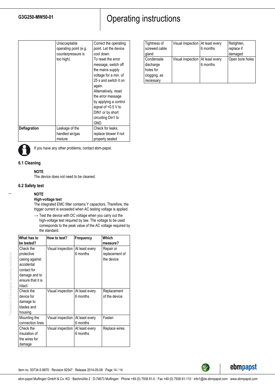 Operating instructions | ebm-papst G3G250-MW50-01 User Manual | Page 14 / 14