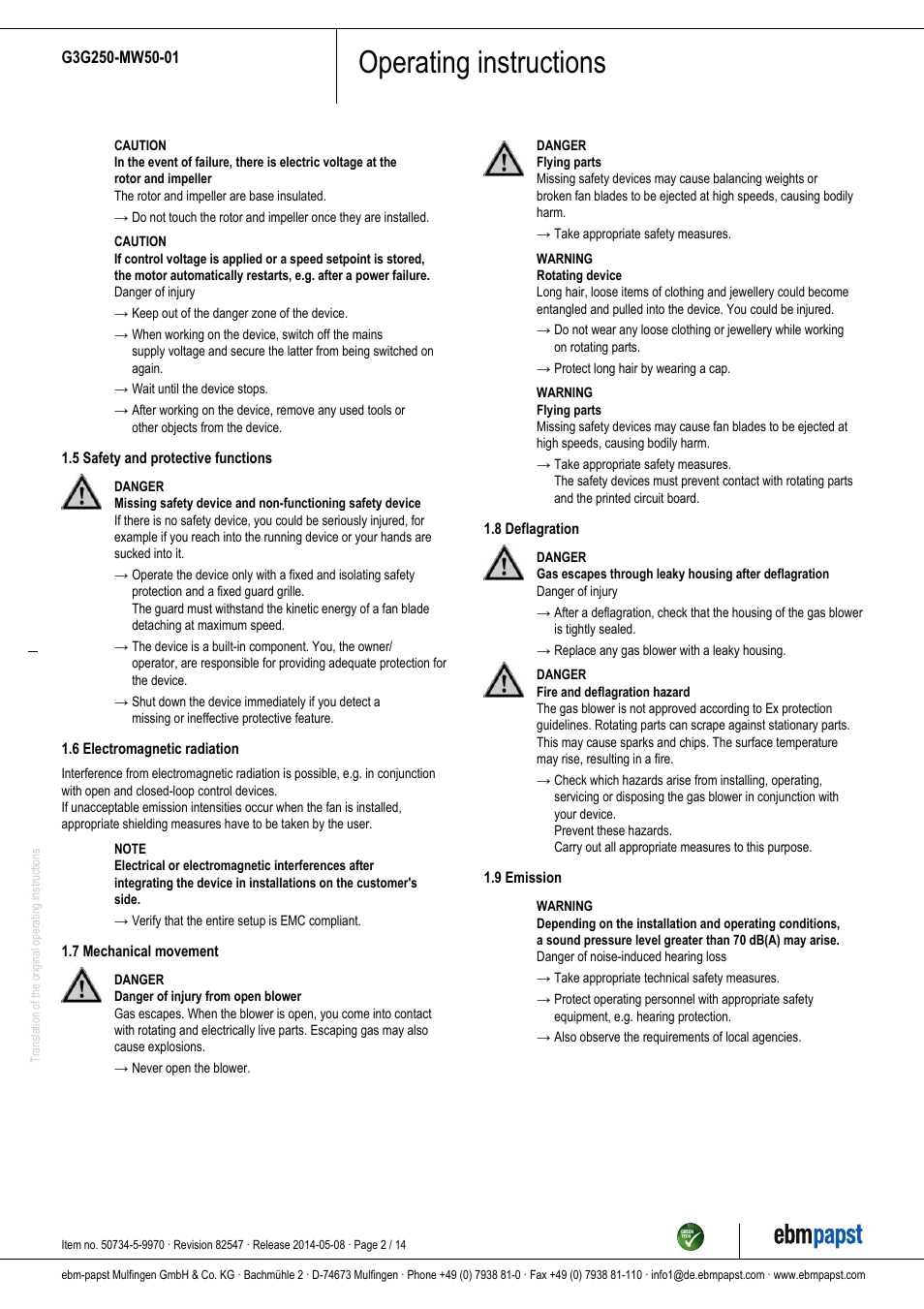 Operating instructions | ebm-papst G3G250-MW50-01 User Manual | Page 2 / 14