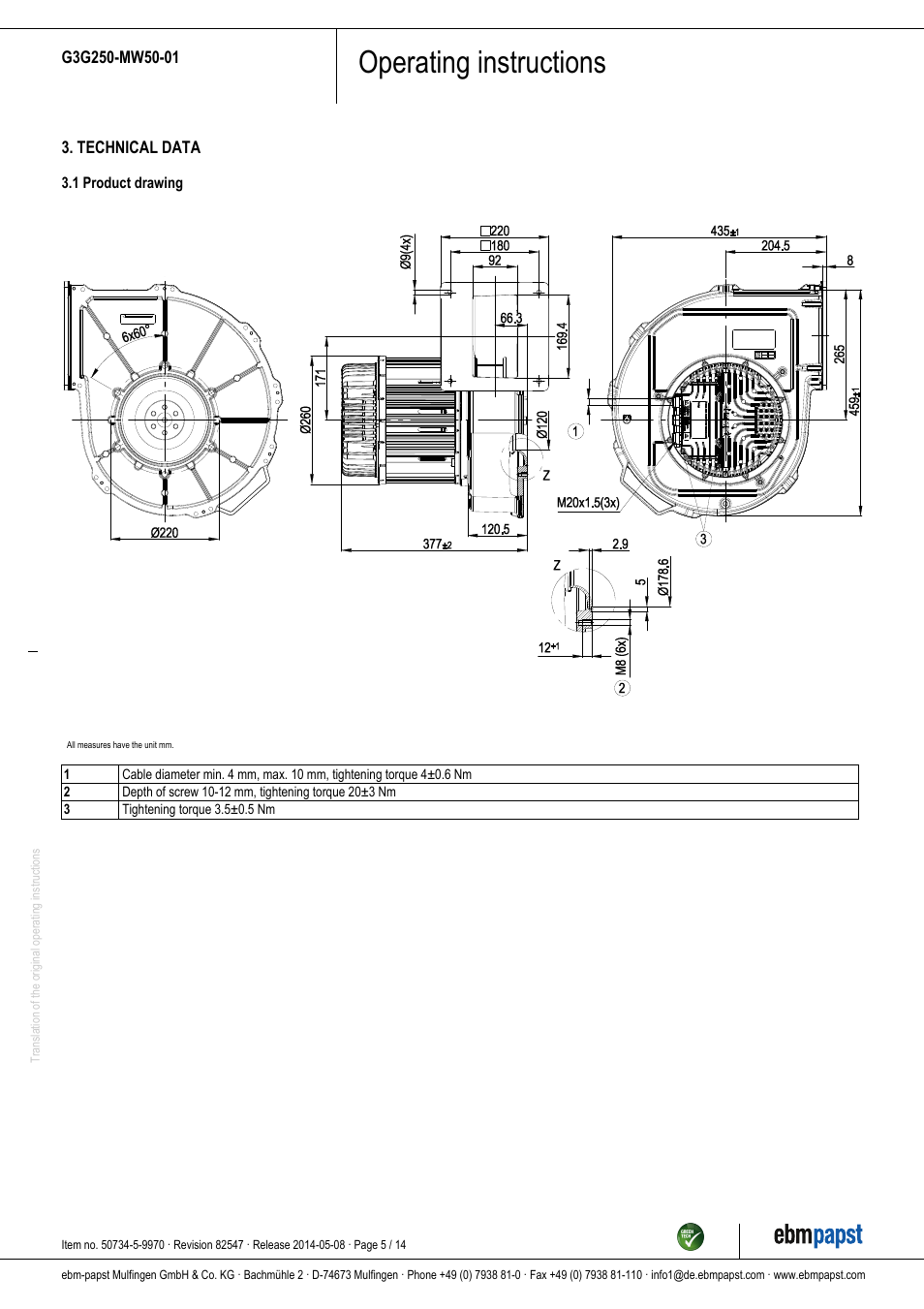 Operating instructions | ebm-papst G3G250-MW50-01 User Manual | Page 5 / 14
